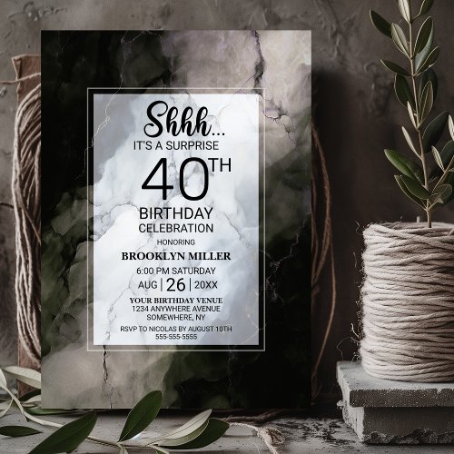 Stylish Marble Surprise 40th Birthday Party Invitation