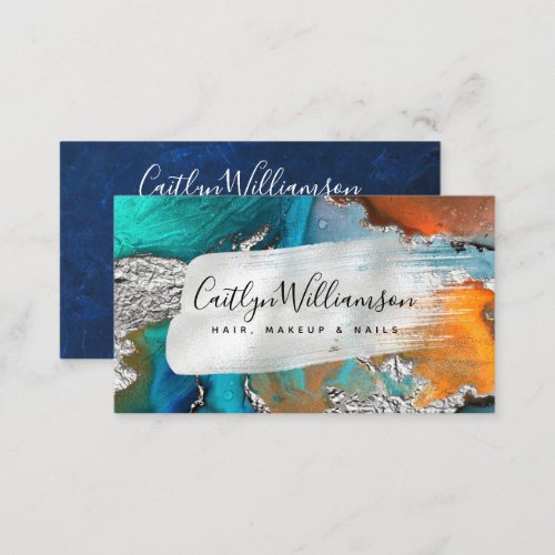 Stylish marble watercolor silver turquoise script business card