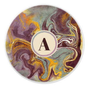 Stylish Marbled Abstract Mauve Teal Faux Gold Ceramic Knob