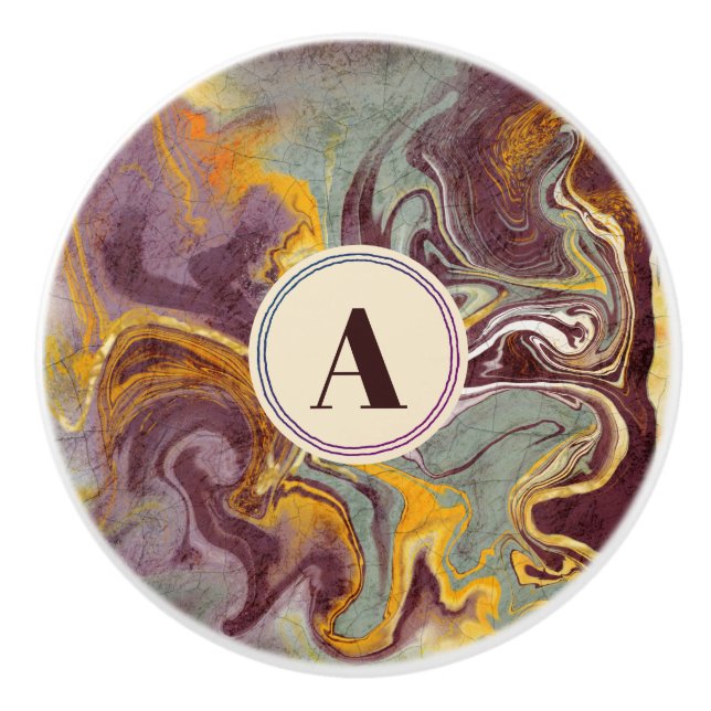 Stylish Marbled Abstract Mauve Teal Faux Gold    Ceramic Knob (Front)