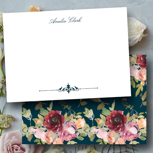 Stylish Maroon and Teal Floral Note Card (Creator Uploaded)