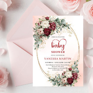 Stylish Maroon Flowers Greenery Baby Shower Invite