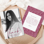 Stylish Maroon Script Photo Graduation Thank You Card<br><div class="desc">Simple and modern graduation thank you card featuring the graduate's vertical photo with "Thanks" in a stylish maroon script overlay. Personalize the front of the photo graduation thank you card by adding the graduate's name and graduation year. The back of the graduation photo thank you card features a hand-drawn maroon...</div>