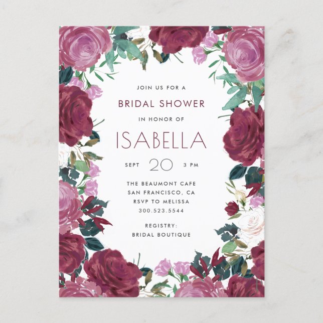 Stylish Maroon Watercolor Floral Bridal Shower Invitation Postcard (Front)