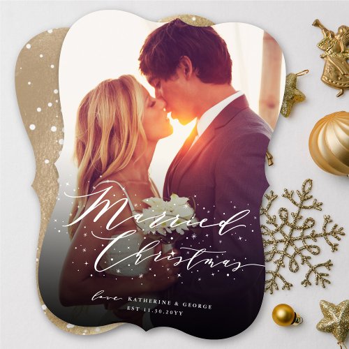 Stylish Married Christmas Sparkles Photo Wedding  Holiday Card