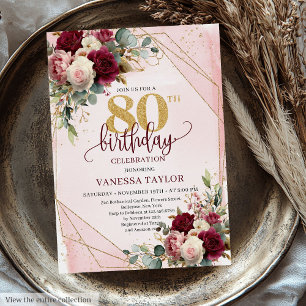 Stylish Marsala Blush Gold Flowers 80th Birthday Invitation