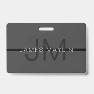 Stylish Masculine Dark Gray Name & Monogram  Badge