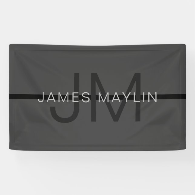Stylish Masculine Dark Gray Name & Monogram  Banner (Horizontal)