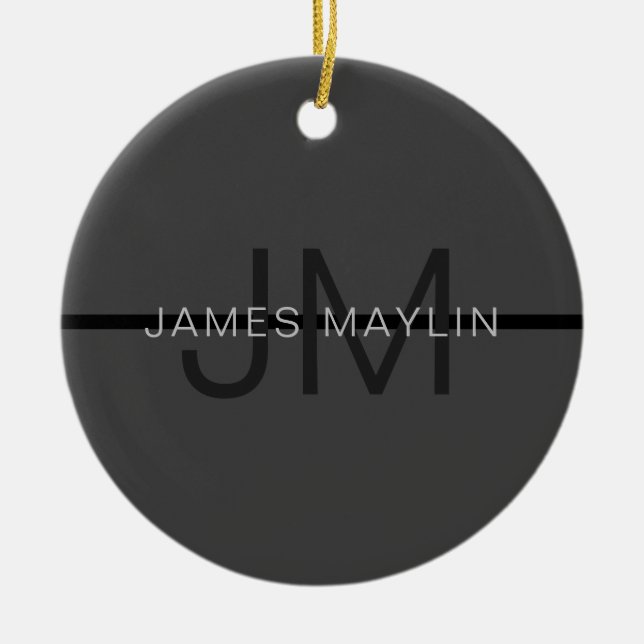 Stylish Masculine Dark Gray Name & Monogram  Ceramic Ornament (Front)