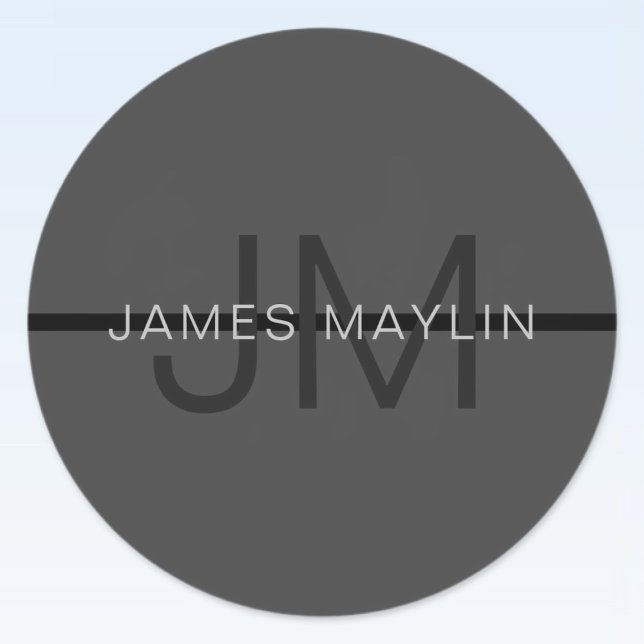 Stylish Masculine Dark Gray Name & Monogram  Classic Round Sticker (Creator Uploaded)