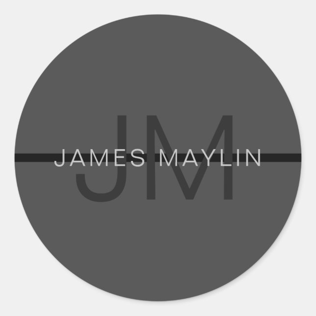 Stylish Masculine Dark Gray Name & Monogram  Classic Round Sticker (Front)