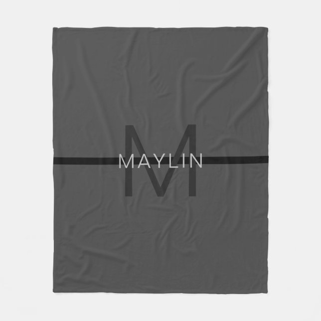 Stylish Masculine Dark Gray Name & Monogram  Fleece Blanket (Front)