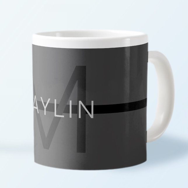Stylish Masculine Dark Gray Name & Monogram  Giant Coffee Mug (Creator Uploaded)
