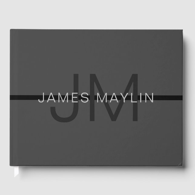 Stylish Masculine Dark Gray Name & Monogram  Guest Book (Front)