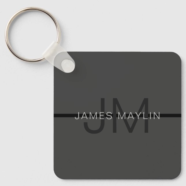 Stylish Masculine Dark Gray Name & Monogram  Keychain (Front)