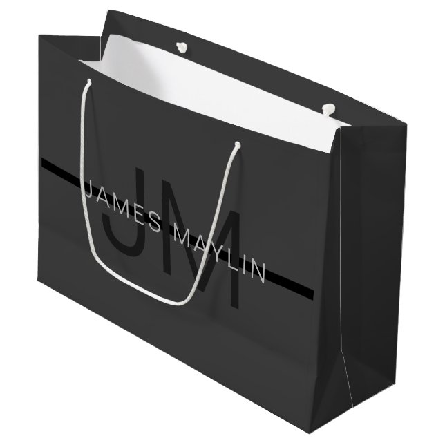 Stylish Masculine Dark Gray Name & Monogram  Large Gift Bag (Front Angled)
