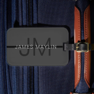 Stylish Masculine Dark Gray Name & Monogram Luggage Tag