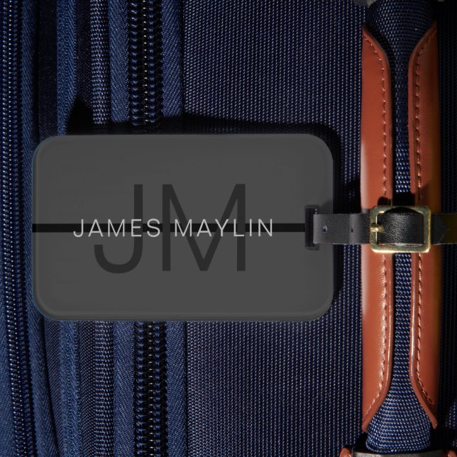 Stylish Masculine Dark Gray Name & Monogram  Luggage Tag (Front Insitu 4)