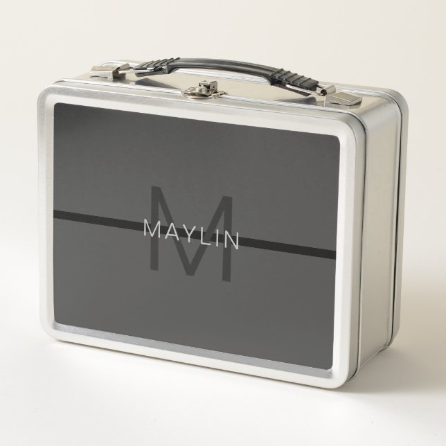 Stylish Masculine Dark Gray Name & Monogram  Metal Lunch Box (Front)