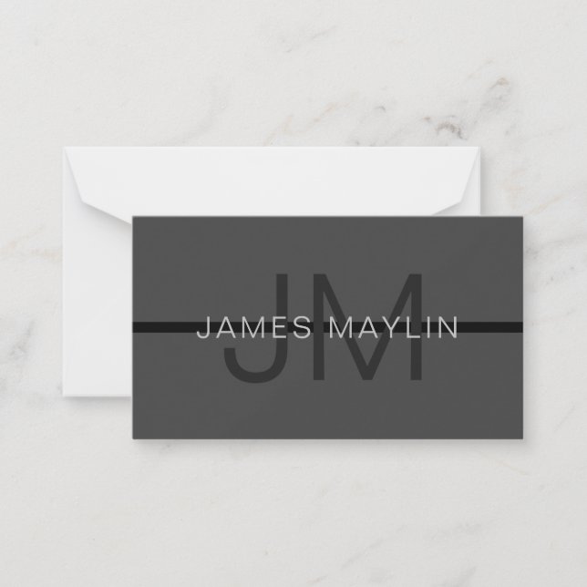 Stylish Masculine Dark Gray Name & Monogram  Note Card (Front)