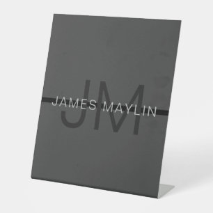 Stylish Masculine Dark Gray Name & Monogram Pedestal Sign