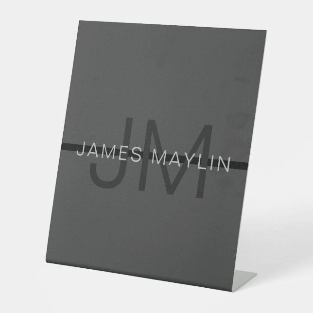 Stylish Masculine Dark Gray Name & Monogram  Pedestal Sign (Front)