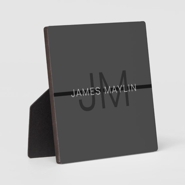 Stylish Masculine Dark Gray Name & Monogram  Plaque (Front)