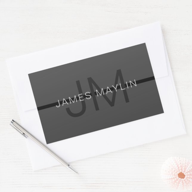 Stylish Masculine Dark Gray Name & Monogram  Rectangular Sticker (Envelope)