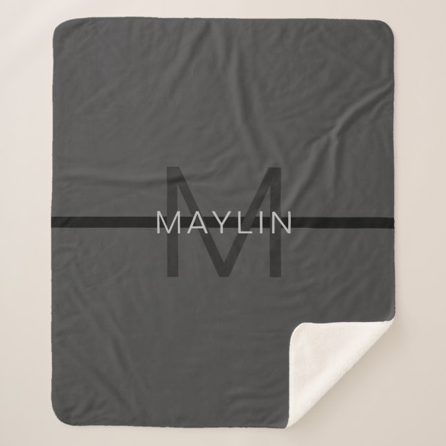 Stylish Masculine Dark Gray Name & Monogram  Sherpa Blanket (Front)