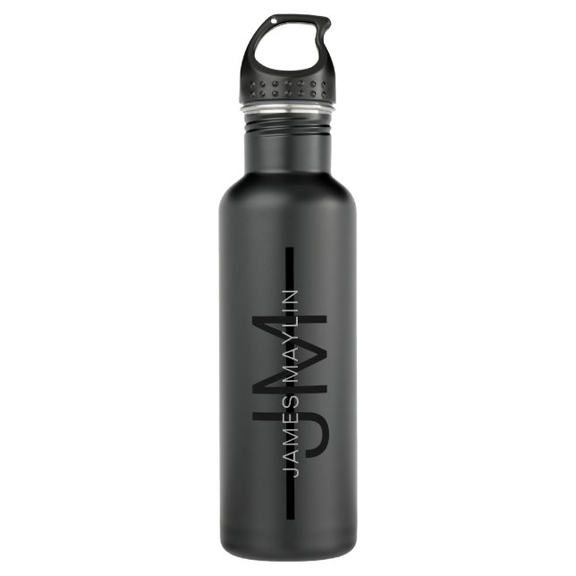 Stylish Masculine Dark Gray Name & Monogram  Stainless Steel Water Bottle (Front)