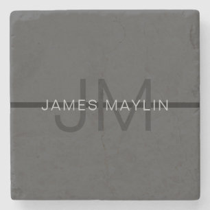 Stylish Masculine Dark Gray Name & Monogram Stone Coaster