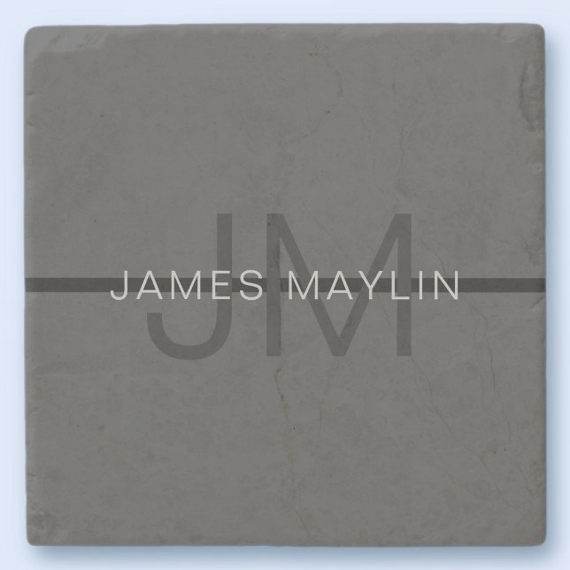 Stylish Masculine Dark Gray Name & Monogram  Stone Coaster (Creator Uploaded)