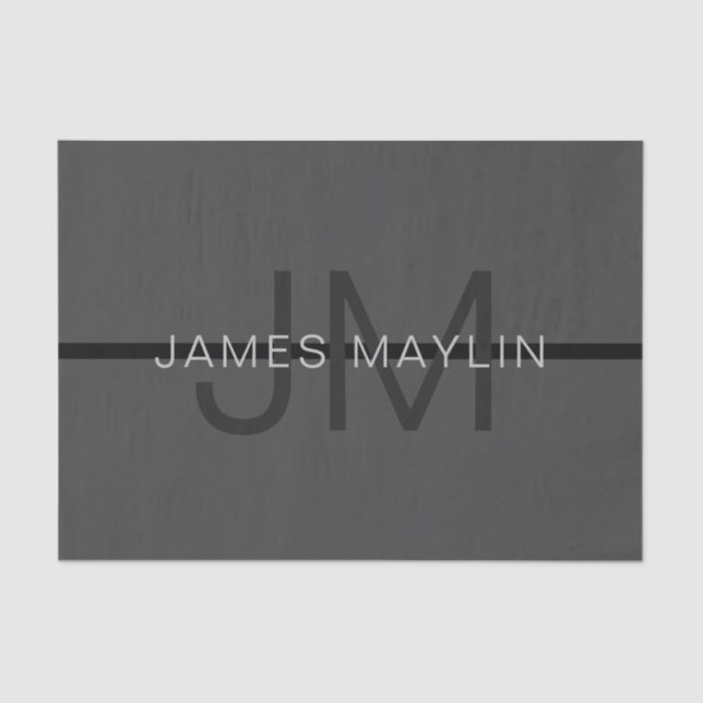 Stylish Masculine Dark Gray Name & Monogram  Tissue Paper (Front)
