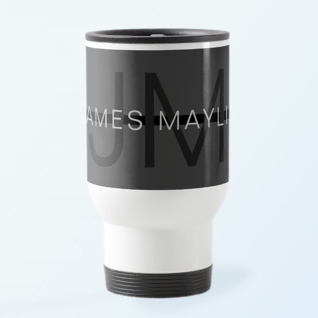 Stylish Masculine Dark Gray Name & Monogram  Travel Mug (Creator Uploaded)