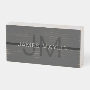 Stylish Masculine Dark Gray Name & Monogram Wooden Box Sign