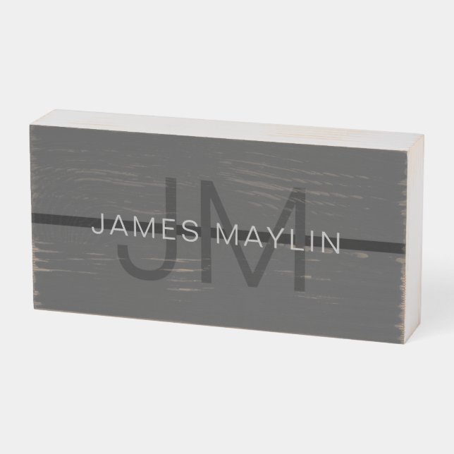Stylish Masculine Dark Gray Name & Monogram  Wooden Box Sign (Angled Horizontal)