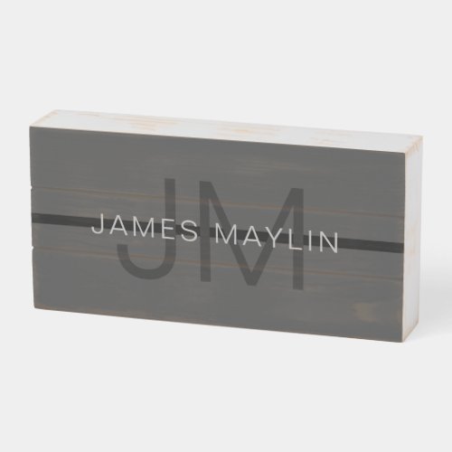 Stylish Masculine Dark Gray Name  Monogram  Wooden Box Sign