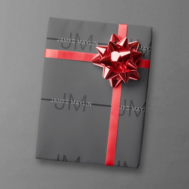 Stylish Masculine Dark Gray Name & Monogram  Wrapping Paper (Creator Uploaded)