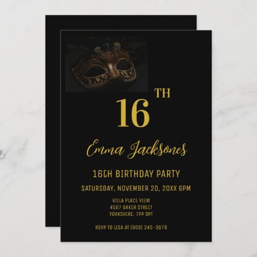 Stylish Masquerade Black Gold 16th Birthday Party  Invitation