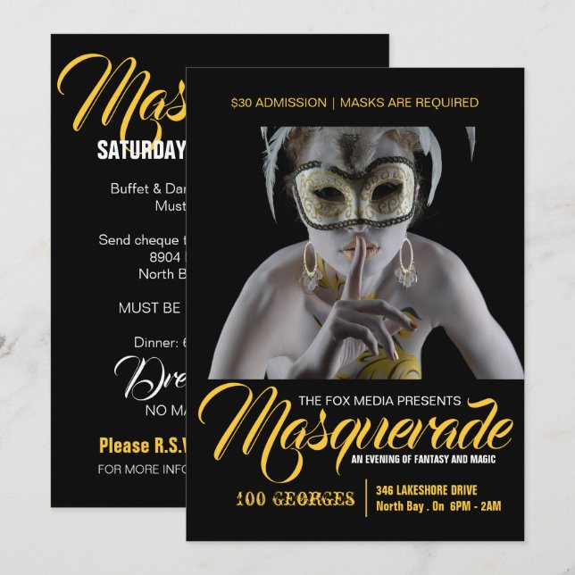 Stylish Masquerade Party Invitation (Front/Back)