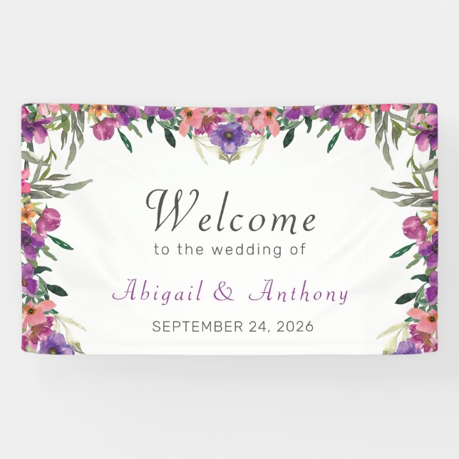Stylish Mauve Floral Watercolor Welcome Wedding  Banner (Horizontal)
