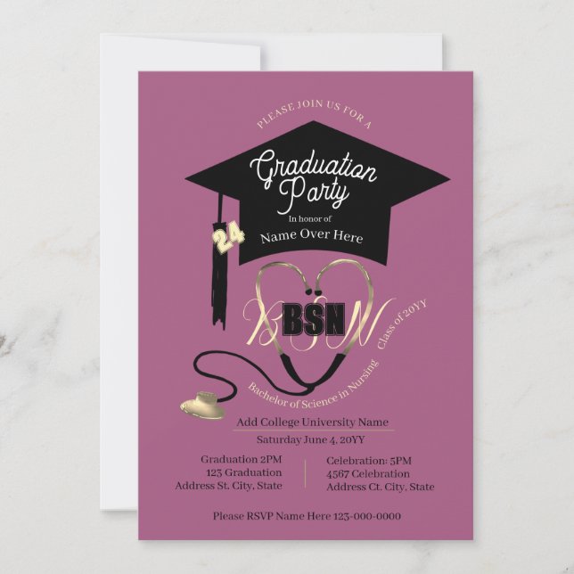 Stylish Mauve Purple  Editable Nurse Grad Party  Invitation (Front)