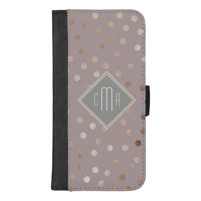 Stylish Mauve Shimmery Dots with Monogram iPhone Wallet Case (Front)