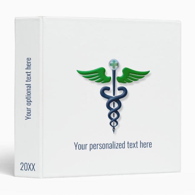 Stylish Medical Caduceus Green Blue Wings Cross 3 Ring Binder (Front/Spine)