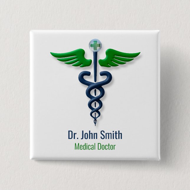 Stylish Medical Caduceus Green Blue Wings Cross Button (Front)