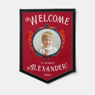 Stylish Medieval Red White Heraldic Welcome Photo Pennant