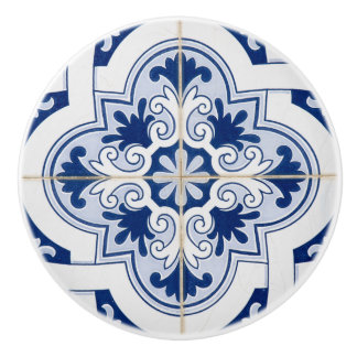 Stylish Mediterranean Blue & White Tile  Ceramic Knob