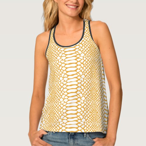 Stylish Mellow Yellow Snake Skin Pattern on White Tank Top