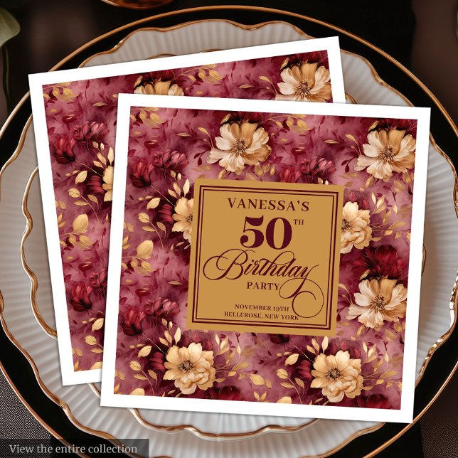 Stylish Merlot Blush Gold Floral 50th Birthday  Paper Dinner Napkins (Stylish Merlot Blush Gold Floral 50th Birthday Paper Dinner Napkins)