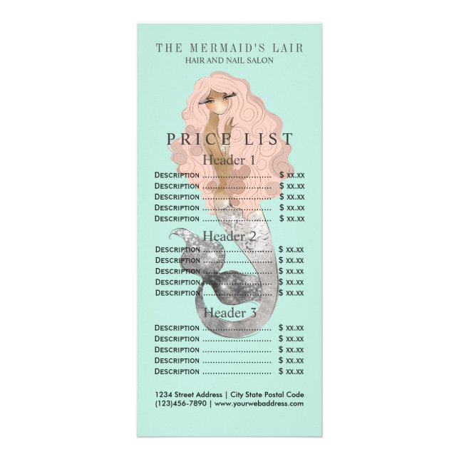 Stylish Mermaid Feminine Coastal Salon Rack Card (Front)